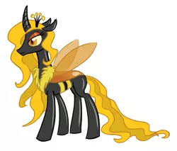 Size: 677x578 | Tagged: artist:starlight-gaze, beeling, bumblebee, changeling, changeling queen, changeling queen oc, derpibooru import, female, lidded eyes, nectara, oc, oc:queen nectara, original species, queen, safe, simple background, smiling, solo, unofficial characters only, white background, yellow changeling