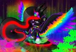 Size: 799x553 | Tagged: safe, artist:ruaniamh, derpibooru import, oc, oc:princess neon boom, unofficial characters only, alicorn, original species, pony, alicorn oc, colored horn, colored wings, ear piercing, earring, ethereal mane, female, jewelry, mare, multicolored wings, neon, neon pony, piercing, rainbow wings, solo, spread wings, wings