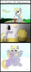 Size: 900x2089 | Tagged: safe, artist:nostalgiagamerjs, derpibooru import, derpy hooves, dinky hooves, sunshower raindrops, pegasus, pony, female, fencing, mare, muffin, straw, underp