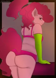 Size: 650x900 | Tagged: anthro, artist:fluttercharm, ass, breasts, female, pinkie pie, plump, solo, solo female, suggestive