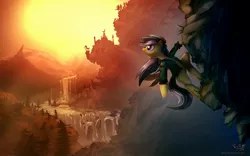 Size: 1920x1200 | Tagged: safe, artist:vest, derpibooru import, daring do, pony, badass, bipedal, cliff, climbing, epic, female, scenery, scenery porn, technical advanced, wallpaper, waterfall