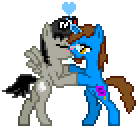 Size: 138x128 | Tagged: safe, artist:lightningbolt, derpibooru import, oc, oc:feral socks, oc:yorec, unofficial characters only, pony, blushing, drool, gay, glasses, glowing horn, goatee, hat, heart, kissing, male, pixel art, shipping, sprite, wingboner