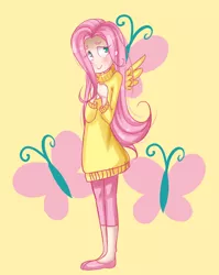 Size: 710x892 | Tagged: artist:rey-of-sunlight, breasts, clothes, delicious flat chest, derpibooru import, flattershy, fluttershy, humanized, safe, skinny, solo, sweater, sweatershy, winged humanization