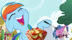 Size: 1365x768 | Tagged: derpibooru import, edit, edited screencap, fork, friendship is magic, fruit, fruit salad, herbivore, laughing, ponies laughing with fruit salad, rainbow dash, reaction image, safe, screencap, solo, well