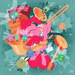 Size: 1240x1240 | Tagged: dead source, safe, artist:olegsavoskin, derpibooru import, pinkie pie, earth pony, parasprite, pony, swarm of the century, accordion, banjo, eyes closed, female, harmonica, mare, musical instrument, singing, solo, sousaphone, trombone, tuba