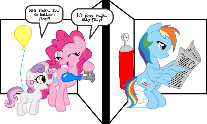 Size: 2918x1750 | Tagged: safe, artist:inkwell, derpibooru import, pinkie pie, rainbow dash, sweetie belle, pony, balloon, dialogue, fart, newspaper, pegasus gas, potty, potty time, reading, secret, sitting, speech bubble, toilet