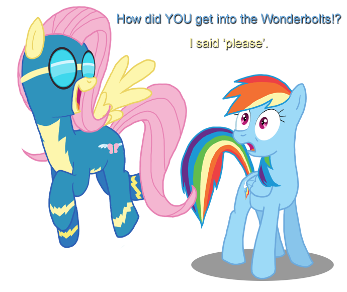 Size: 690x580 | Tagged: safe, artist:catchman, derpibooru import, fluttershy, rainbow dash, pony, clothes, dialogue, duo, uniform, wonderbolts, wonderbolts uniform, wondershy