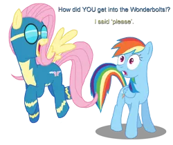 Size: 690x580 | Tagged: safe, artist:catchman, derpibooru import, fluttershy, rainbow dash, pony, clothes, dialogue, duo, uniform, wonderbolts, wonderbolts uniform, wondershy