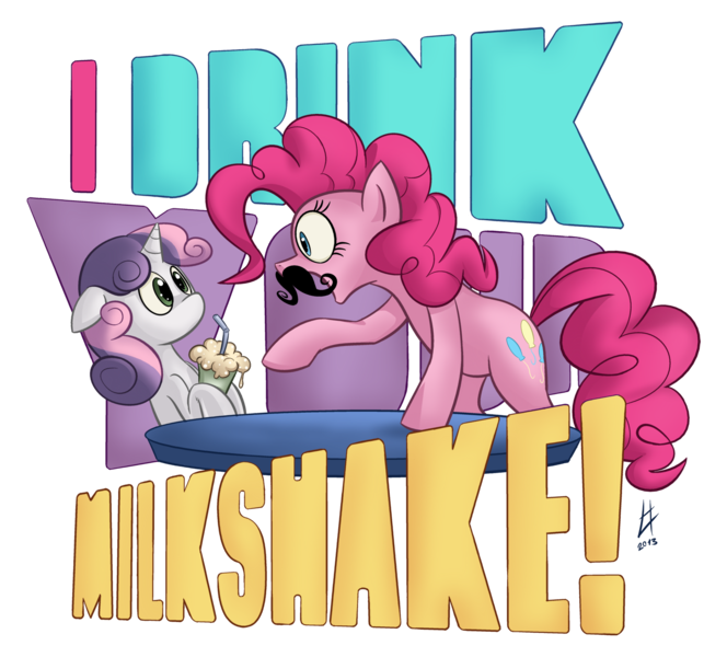 Size: 1659x1500 | Tagged: artist:theinkbot, i drink your milkshake, milkshake, moustache, parody, pinkie pie, safe, sweetie belle, there will be blood