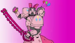 Size: 3000x1729 | Tagged: armor, artist:ghettomole, chainsword, crossover, cupcake, derpibooru import, grenade, pink background, pinkie pie, power armor, powered exoskeleton, safe, simple background, space marine, warhammer 40k, warhammer (game)