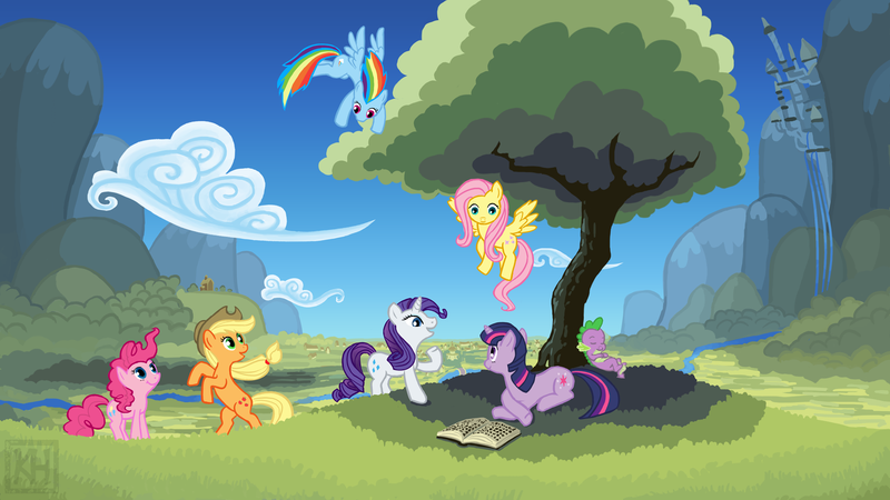 Size: 1920x1080 | Tagged: applejack, artist:gingermint, artist:icekatze, beautiful, canterlot, castle, derpibooru import, fluttershy, mane seven, mane six, picnic, pinkie pie, rainbow dash, rarity, safe, scenery, sleeping, spike, tree, twilight sparkle, wallpaper