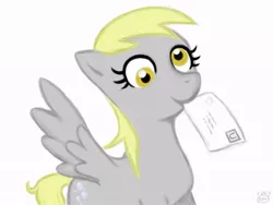 Size: 1024x768 | Tagged: safe, artist:chrisboe4ever, derpibooru import, derpy hooves, pegasus, pony, female, letter, mare, mouth hold, simple background, solo, white background