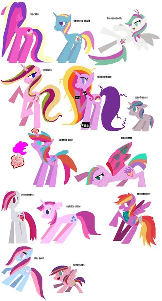 Size: 660x1226 | Tagged: artist:mecha-gigan, blossomforth, cupcake, derpibooru import, dewdrop dazzle, feathermay, hasbro, lulu luck, ploomette, plumsweet, rainbow flash, safe, skywishes, star dreams, star swirl, sweetie swirl, twinkleshine