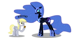 Size: 10000x5000 | Tagged: safe, artist:aibotnya, derpibooru import, derpy hooves, nightmare moon, pegasus, pony, absurd resolution, female, mare, muffin, simple background, transparent background, vector