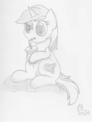 Size: 1490x1980 | Tagged: safe, artist:ramott, derpibooru import, lyra heartstrings, pony, unicorn, drink, grayscale, monochrome, sitting, smoothie, solo, traditional art