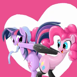 Size: 2000x2000 | Tagged: suggestive, artist:laaseensld, derpibooru import, pinkie pie, twilight sparkle, butt bump, butt to butt, butt touch, clothes, evening gloves, female, gloves, heart, image, jpeg, kinkie pie, latex, latex gloves, latex stockings, lesbian, long gloves, plot, scarf, shipping, stockings, twinkie