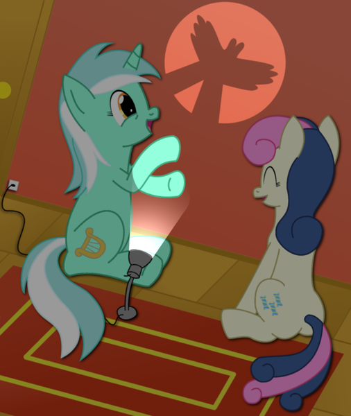 Size: 1280x1518 | Tagged: safe, artist:ramott, derpibooru import, bon bon, lyra heartstrings, sweetie drops, earth pony, pony, unicorn, amused, bon bon is amused, dark, duo, hand, how, lamp, shadow puppets, sitting