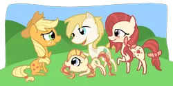 Size: 1200x600 | Tagged: apple delight family, applejack, artist:otterlore, baby apple delight, daddy apple delight, derpibooru import, family, filly, g1, g1 to g4, generation leap, mommy apple delight, safe, simple background, transparent background