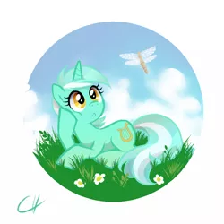 Size: 600x600 | Tagged: safe, artist:author-chan, derpibooru import, lyra heartstrings, dragonfly, insect, pony, cute, flower, lyrabetes, prone, solo