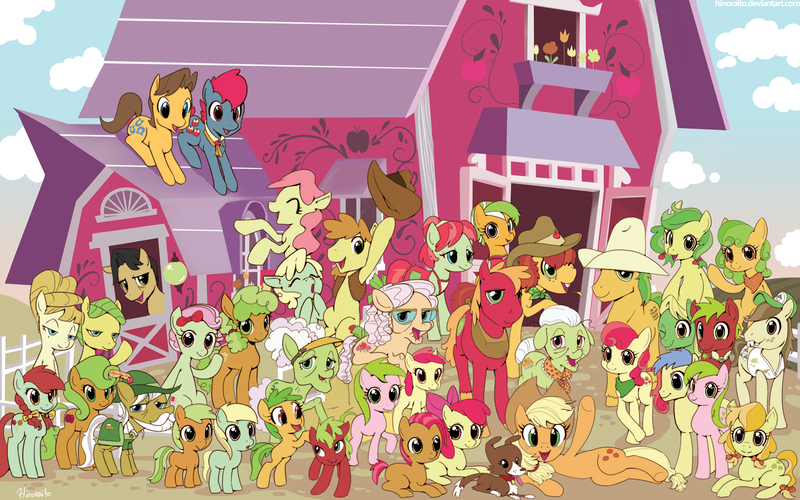 Size: 1440x900 | Tagged: safe, artist:hinoraito, derpibooru import, apple bloom, apple brown betty, apple bumpkin, apple cinnamon, apple crumble, apple dumpling, apple fritter, apple honey, apple leaves, apple mint, apple rose, apple split, apple squash, apple strudel, apple tarty, apple top, applejack, aunt orange, babs seed, big macintosh, braeburn, bushel, candy apples, caramel, florina tart, gala appleby, golden delicious, granny smith, half baked apple, hayseed turnip truck, hoss, jonagold, liberty belle, marmalade jalapeno popette, minty apple, perfect pie, pink lady, red delicious, red gala, red june, sweet tooth, uncle orange, wensley, winona, earth pony, pony, apple family reunion, apple family, apple family member, everypony, group shot, male, photo, scene interpretation, stallion, the oranges