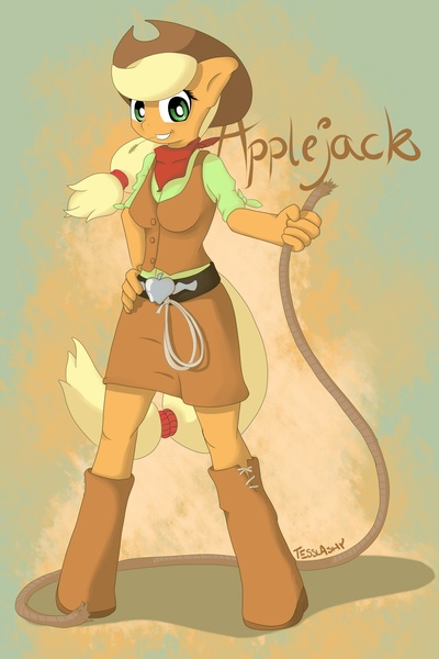 Size: 1558x2339 | Tagged: safe, artist:tesslashy, derpibooru import, applejack, anthro, earth pony, unguligrade anthro, bandana, belt, clothes, cowgirl, hat, hoof boots, lasso, rope, scarf, shirt, skirt, solo, vest