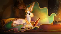 Size: 1920x1080 | Tagged: safe, artist:pdan4, derpibooru import, princess celestia, alicorn, pony, crown, female, fireplace, illuminated, ink, jewelry, letter, light, lying down, magic, mare, quill, regalia, solo, telekinesis, wallpaper, writing