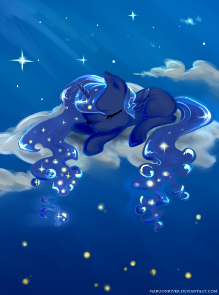 Size: 800x1076 | Tagged: safe, artist:maroonriver, derpibooru import, princess luna, pony, cloud, cloudy, filly, prone, sleeping, solo, woona