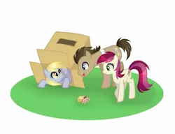 Size: 975x750 | Tagged: safe, artist:author-chan, derpibooru import, derpy hooves, doctor whooves, roseluck, time turner, crab, pegasus, pony, box, cardboard box, cute, cuteluck, derpabetes, derpybetes, doctorbetes, female, gameloft, hermit crab, mare, shell