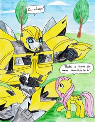 Size: 824x1056 | Tagged: artist:frostedicefire, bumblebee, crossover, derpibooru import, fluttershy, rabbit, safe, transformers, transformers prime