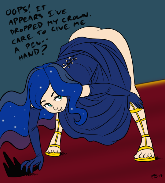 Size: 900x1000 | Tagged: artist:darkponysoul, artist:megasweet, ass, bent over, clothes, colored, cropped, derpibooru import, dialogue, dress, edit, evening gloves, female, humanized, implied, presenting, princess luna, questionable, sandals, seductive, solo, solo female, the ass was fat