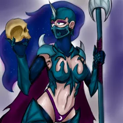 Size: 1000x1000 | Tagged: artist:bloodkiaser923, chainmail bikini, derpibooru import, humanized, nightmare moon, safe, skull, solo