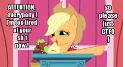 Size: 638x348 | Tagged: safe, derpibooru import, applejack, gtfo, image macro, tired