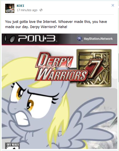 Size: 415x527 | Tagged: safe, artist:nickyv917, derpibooru import, official, derpy hooves, pegasus, pony, box art, dynasty warriors, facebook, female, game cover, koei, mare, meta, parody, video game