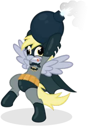 Size: 510x700 | Tagged: safe, artist:broccolimeansfun, derpibooru import, derpy hooves, pegasus, pony, 60s batman, adam west, batman, bomb, costume, female, mare, parody, some days you just can't get rid of a bomb