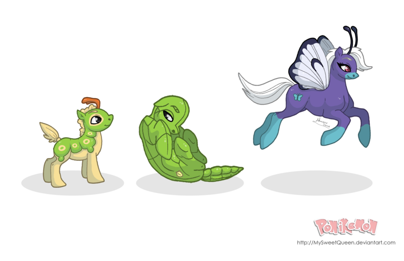 Size: 3700x2388 | Tagged: safe, artist:almairis, derpibooru import, ponified, butterfly pony, butterfree, caterpie, metapod, butterfly wings, colt, curled up, evolution chart, family, female, foal, male, mare, mother and son, pokémon, ponymon, simple background, socks (coat marking), stallion, transparent background, trio