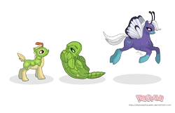 Size: 3700x2388 | Tagged: safe, artist:almairis, derpibooru import, ponified, butterfly pony, butterfree, caterpie, metapod, butterfly wings, colt, curled up, evolution chart, family, female, foal, male, mare, mother and son, pokémon, ponymon, simple background, socks (coat marking), stallion, transparent background, trio