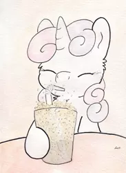 Size: 726x994 | Tagged: artist:slightlyshade, bubble, derpibooru import, drink, safe, soda, solo, sweetie belle, traditional art