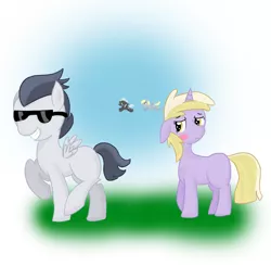Size: 1576x1544 | Tagged: safe, artist:martymurray, derpibooru import, derpy hooves, dinky hooves, rumble, thunderlane, pegasus, pony, blushing, challenge, female, flying, mare, rumbledink, shipping, smiling, sunglasses, swag