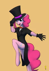 Size: 754x1080 | Tagged: anthro, artist:btbunny, clothes, derpibooru import, frock coat, hat, magician outfit, pinkie pie, safe, top hat, tuxedo, unguligrade anthro