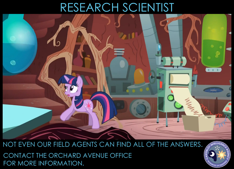 Size: 872x630 | Tagged: safe, derpibooru import, edit, edited screencap, screencap, twilight sparkle, pony, unicorn, feeling pinkie keen, canterlot intelligence agency, cia, female, laboratory, machinery, mare, poster, scientist, solo, twilight's lab, unicorn twilight