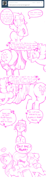 Size: 702x2688 | Tagged: suggestive, artist:konnykon, derpibooru import, cup cake, fluttershy, zecora, oc, oc:livrea, changeling, zebra, ask, canon x oc, comic, eyes on the prize, female, monochrome, plot, simple background, spanking, tumblr, white background