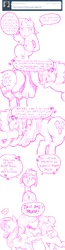 Size: 702x2688 | Tagged: suggestive, artist:konnykon, derpibooru import, cup cake, fluttershy, zecora, oc, oc:livrea, changeling, zebra, ask, canon x oc, comic, eyes on the prize, female, monochrome, plot, simple background, spanking, tumblr, white background