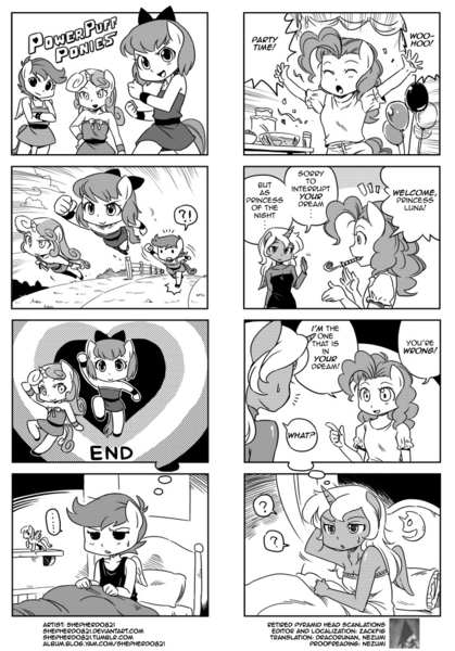 Size: 720x1030 | Tagged: 4koma, ambiguous facial structure, anthro, apple bloom, artist:shepherd0821, comic, cutie mark crusaders, dream walker luna, monochrome, parody, pinkie pie, princess luna, role reversal, safe, scootaloo, scootaloo can't fly, sweetie belle, the powerpuff girls, unguligrade anthro