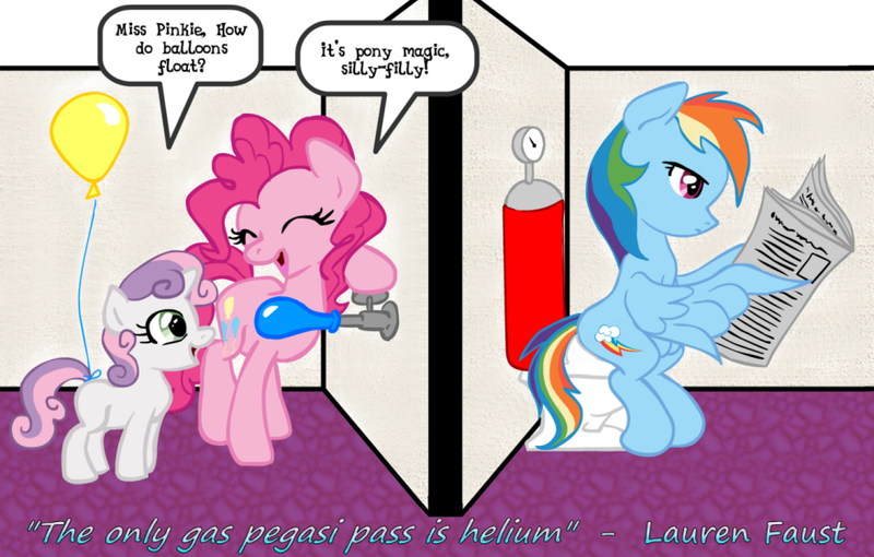 Size: 879x560 | Tagged: safe, derpibooru import, pinkie pie, rainbow dash, sweetie belle, pony, balloon, dialogue, fart, helium, newspaper, pegasus gas, pony farts, potty, potty time, quote, reading, secret, sitting, speech bubble, text, toilet, word of faust