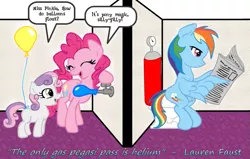 Size: 879x560 | Tagged: safe, derpibooru import, pinkie pie, rainbow dash, sweetie belle, pony, balloon, dialogue, fart, helium, newspaper, pegasus gas, pony farts, potty, potty time, quote, reading, secret, sitting, speech bubble, text, toilet, word of faust