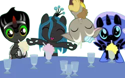 Size: 4800x3000 | Tagged: safe, artist:beavernator, derpibooru import, discord, king sombra, nightmare moon, queen chrysalis, alicorn, draconequus, nymph, pony, unicorn, :3, :o, absurd resolution, antagonist, colt, cute, cutealis, discute, drink, drinking, eyes closed, female, filly, floating, looking at you, male, milkshake, milkshake ponies, moonabetes, nightmare woon, open mouth, simple background, smiling, sombradorable, transparent background, upside down, young