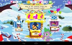 Size: 1280x800 | Tagged: android, balloon, balloon pop, balloon pop stand, candy, candy cane, christmas, colter sobchak, derpibooru import, fleetfoot, food, gameloft, gameloft shenanigans, hack, hondo flanks, safe, snow, spike