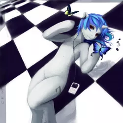 Size: 1280x1280 | Tagged: safe, artist:crop, artist:verrrrry, derpibooru import, vinyl scratch, butterfly, semi-anthro, unicorn, female, headphones, ipod, looking at you, lying down, mp3 player, music player, on back, red eyes, solo