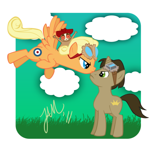 Size: 1126x1080 | Tagged: artist:jabbym, bovril, cloud, cloudy, derpibooru import, deryn sharp, goggles, hat, leviathan, perspicacious loris, ponified, prince aleksandar, safe, steampunk