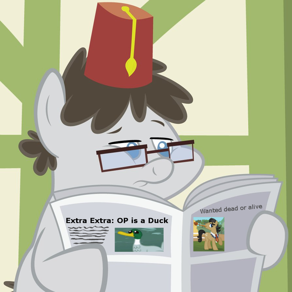 Size: 894x894 | Tagged: artist:punchingshark, class, fez, filthy rich, glasses, hat, headline, newspaper, reading, safe, truffle shuffle, wanted